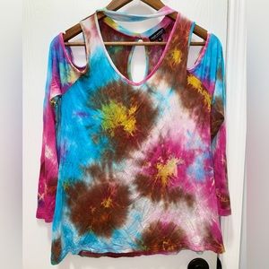 Simply Southern Cold Shoulder Top Tie Dye Yellow Blue Pink Size Small